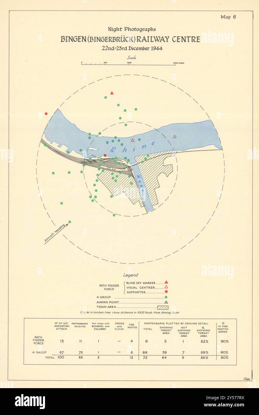 Centro ferroviario di Bingen/Bingerbrück 22-23 dicembre 1944 valutazione d'impatto dei bombardamenti mappa 1961 Foto Stock