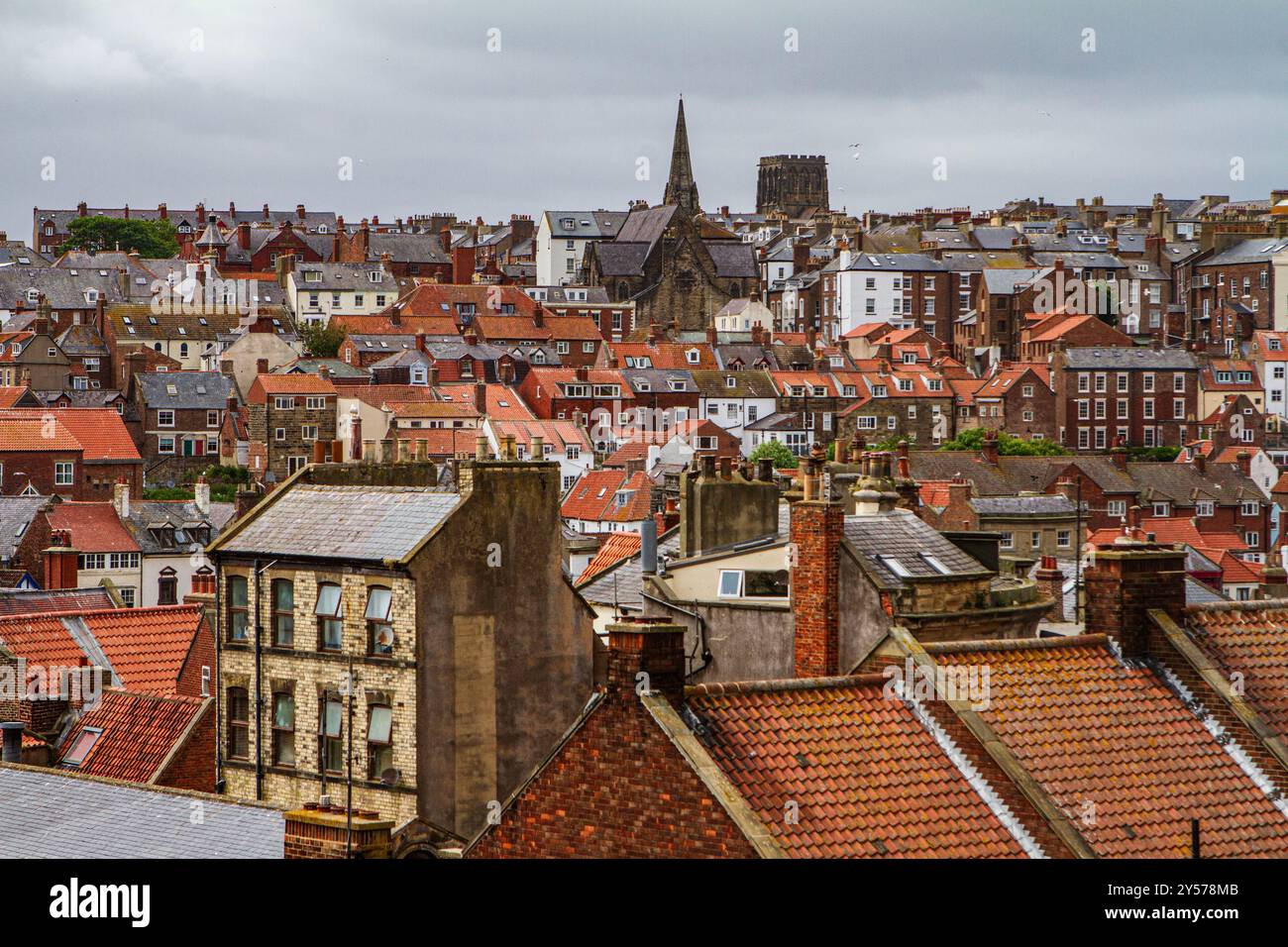 Affacciata sugli affascinanti tetti di Whitby, questa scenografica cattura le intricate texture e la simmetria dell'architettura della città. Foto Stock