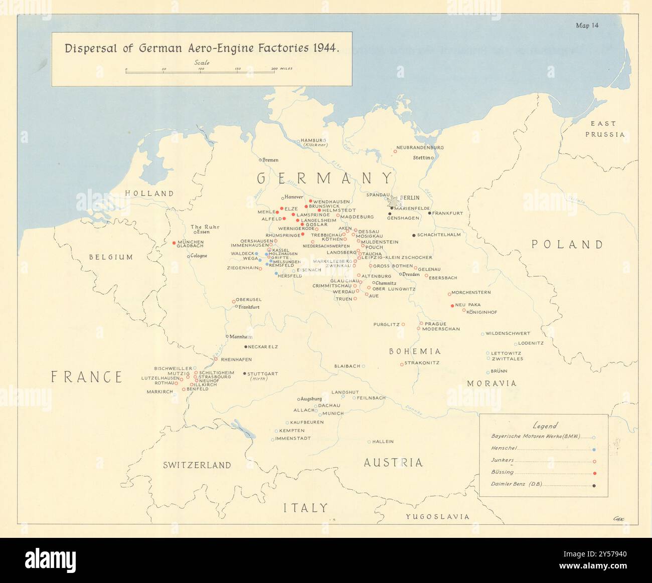Dispersione delle fabbriche tedesche di motori aeronautici 1944. Seconda Guerra Mondiale 1961 vecchia mappa Foto Stock
