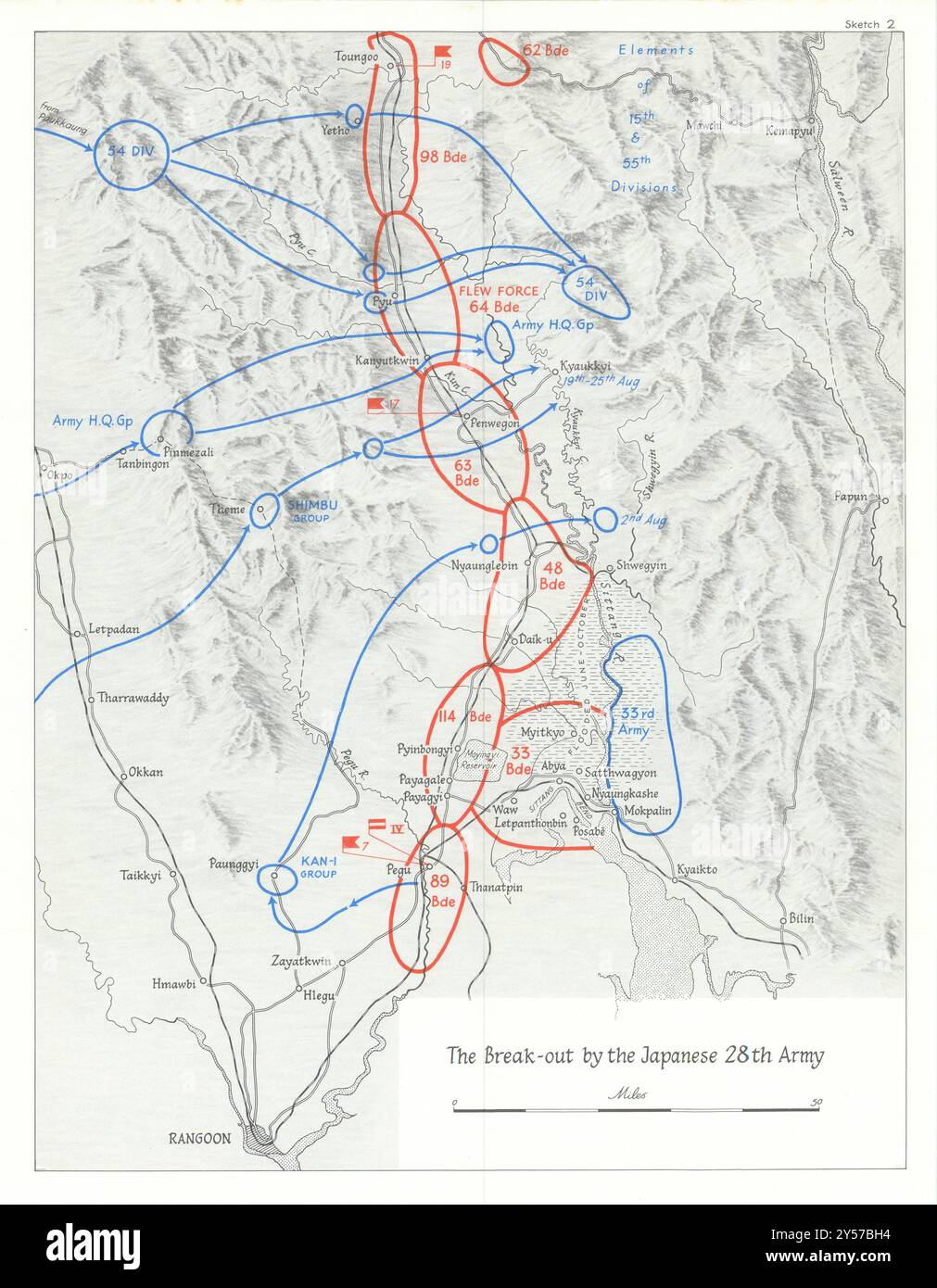 28a Armata Giapponese breakout luglio-agosto 1945. Birmania Campaign WW2 1969 vecchia mappa Foto Stock