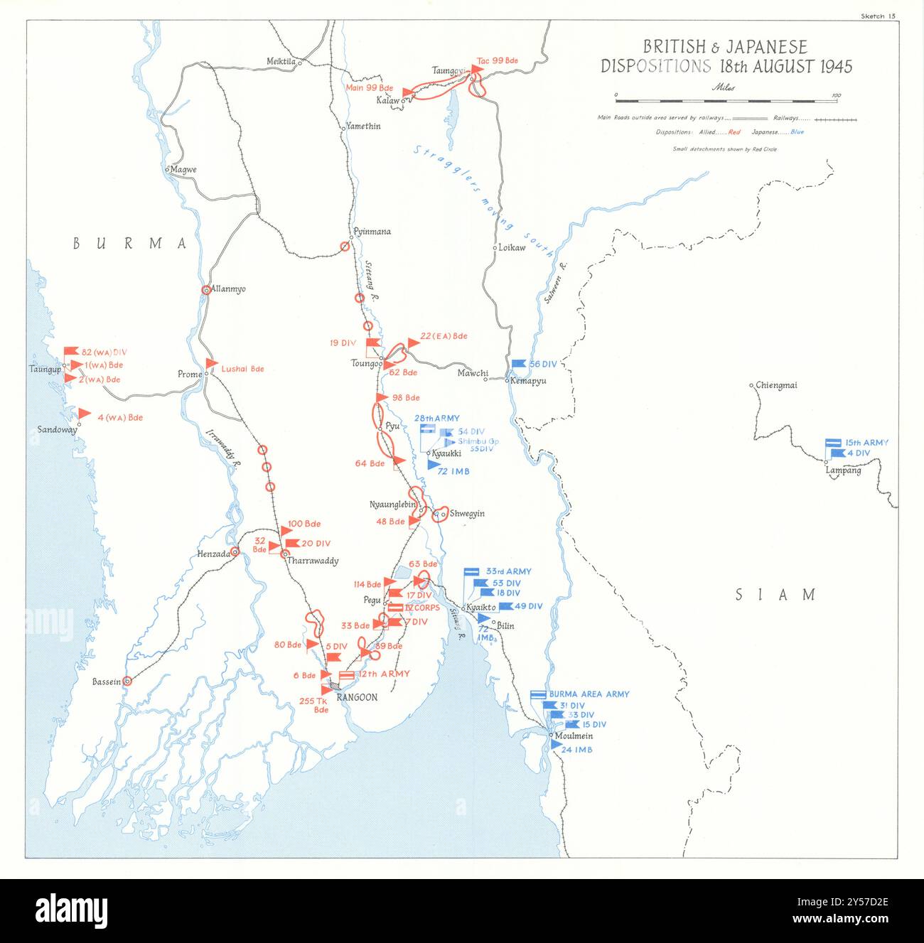 Disposizioni britanniche e giapponesi in Birmania 18 agosto 1945. Seconda Guerra Mondiale mappa del 1969 Foto Stock