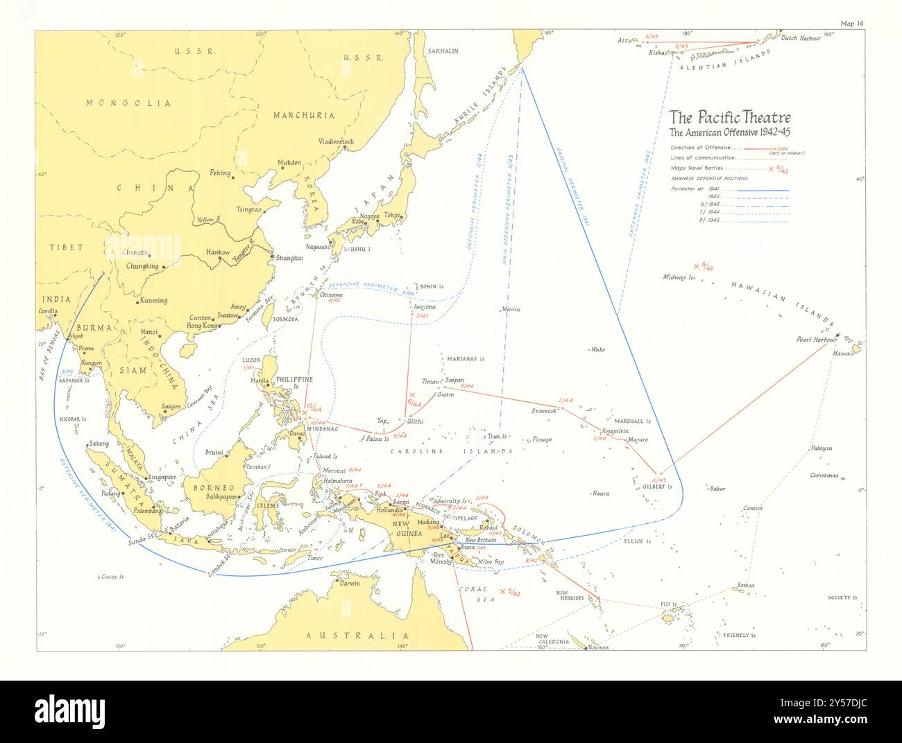Offensiva americana 1942-45. World War Two Pacific Theatre 1969 vecchia mappa vintage Foto Stock