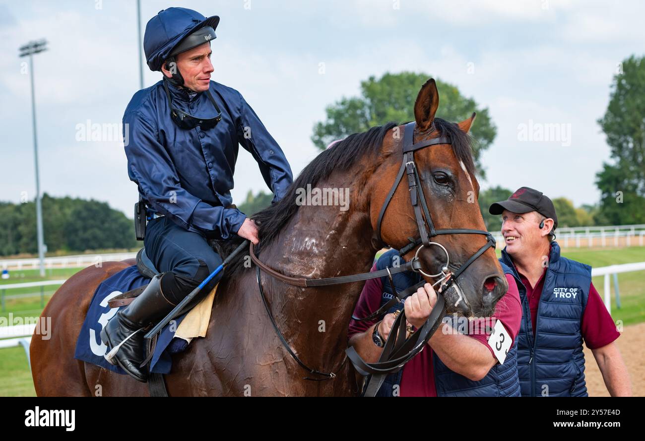 Southwell, Regno Unito, venerdì 20 settembre 2024; il Betfred Derby 2024 ad Epsom, Coral Eclipse e Juddmonte International vincitore City of Troy torna in pista dopo il galoppo di corsa all'ippodromo di Southwell, in preparazione per una crack alla Breeders' Cup Classic 2024. Crediti JTW equine Images / Alamy Foto Stock