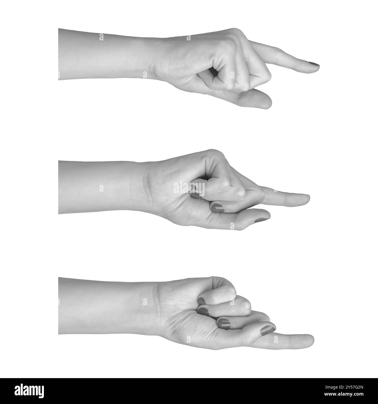 Mano della donna che punta con il dito indice, isolata su sfondo bianco. Indice esteso con il movimento per selezionare, toccare o premere. Concetto di scelta, AC Foto Stock