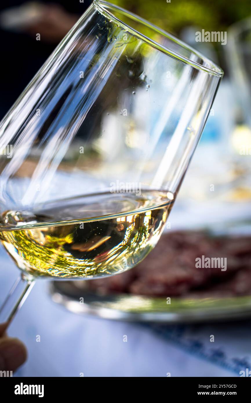 Un bicchiere di vino bianco. Foto Stock