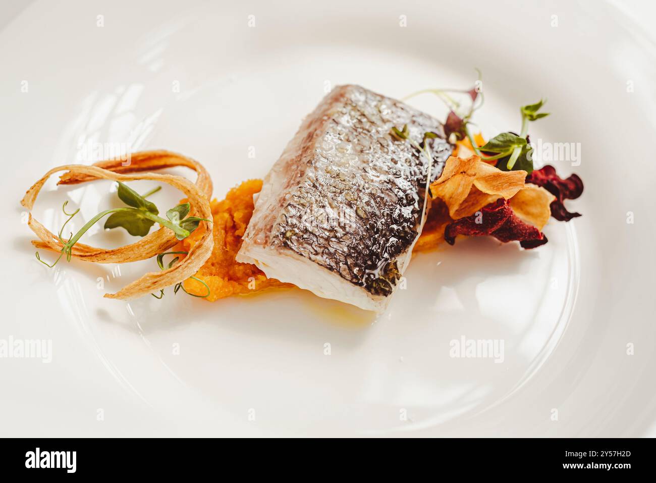 Il branzino è una tipica portata principale sui tavoli italiani. Ecco una placcatura da buongustai. Foto Stock