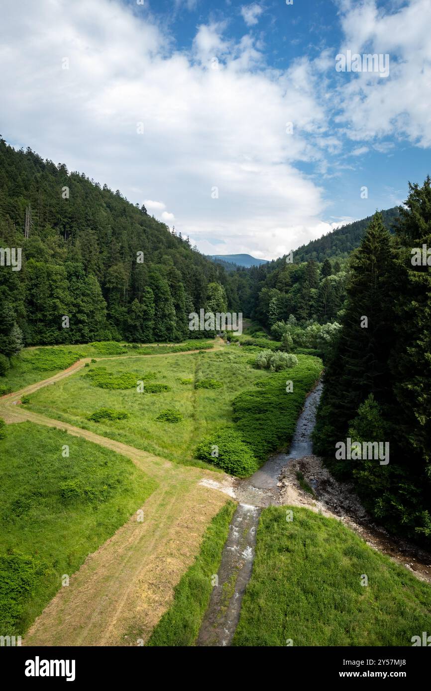 Vista sul lato orientale da una diga di pietra sul fiume Wilczka, fino a un serbatoio vuoto di controllo delle inondazioni a Miedzygorze, Polonia. Foto Stock