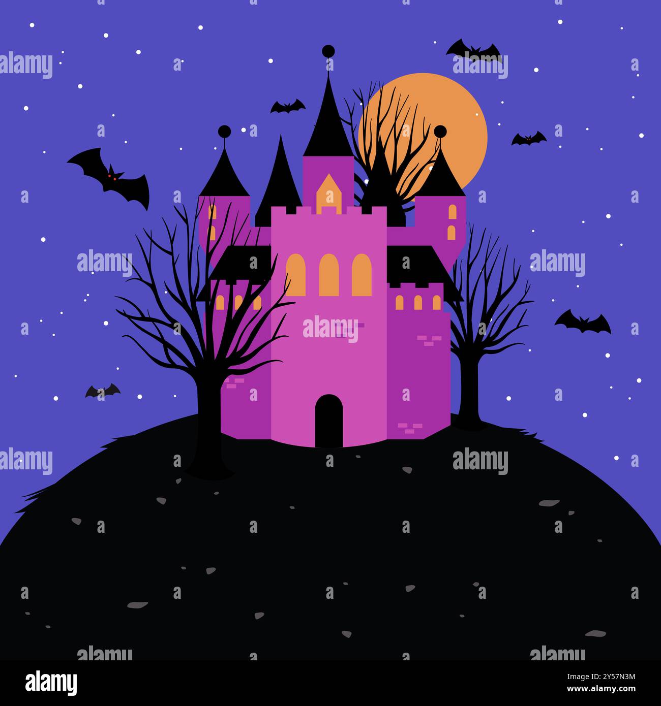 Halloween, un castello infestato da fantasmi su una collina. Torre spettrale con alberi e pipistrelli spaventosi. Festa di Halloween con scherzi o scherzi. Foto Stock