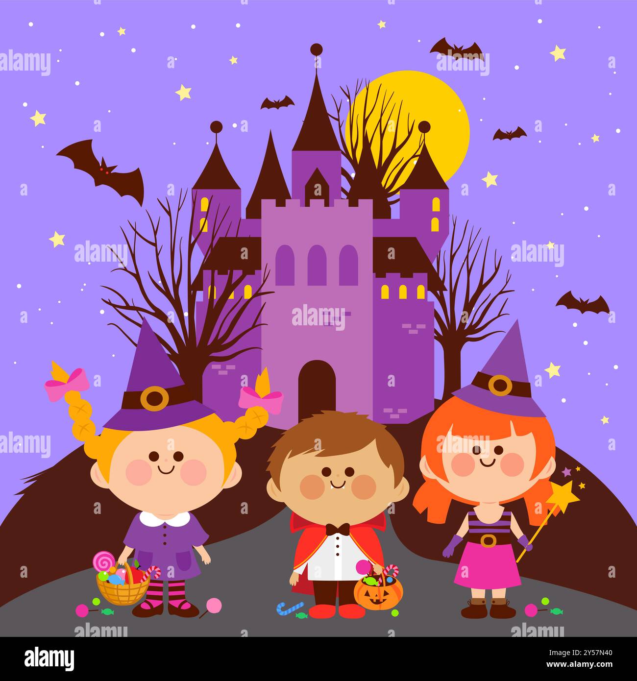 Scherzo o scherzetto di Halloween in un castello infestato dai fantasmi. Spaventoso cartone animato di Halloween, ragazzini, vampiri e streghe. Festa in costume. Foto Stock