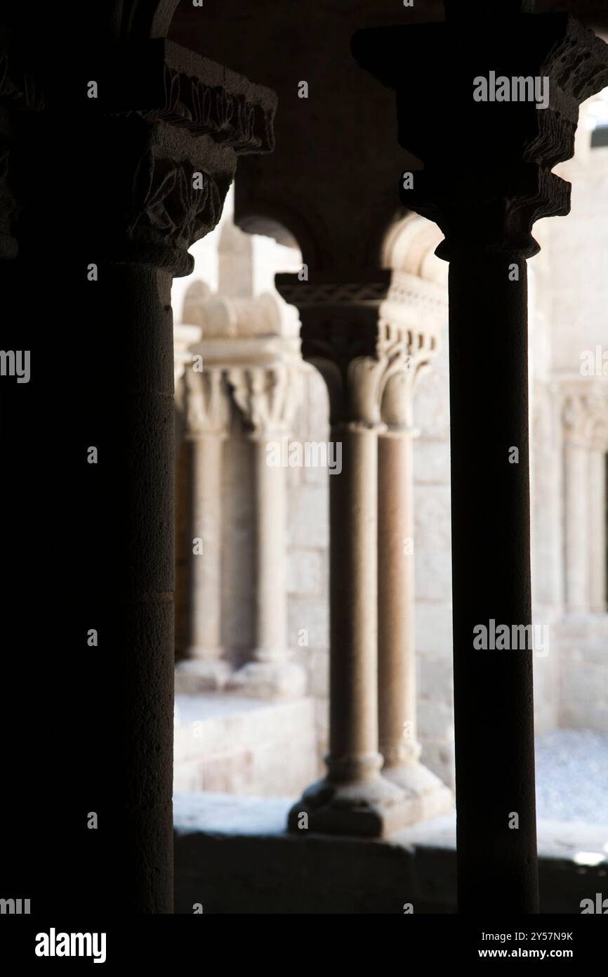 Barcellona, Spagna, 4 settembre 2008, i tranquilli archi del chiostro del monastero di Sant Pau del campo rivelano intricati lavori in pietra e un'atmosfera tranquilla a Barcellona Foto Stock