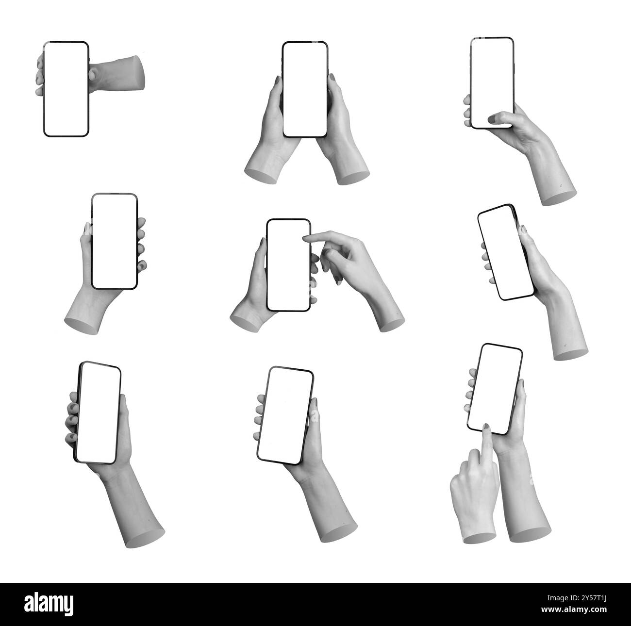 Telefono in mano, mockup con schermo vuoto, isolato su sfondo bianco. Donna in possesso di un dispositivo digitale intelligente per la comunicazione moderna e l'uso delle applicazioni Foto Stock