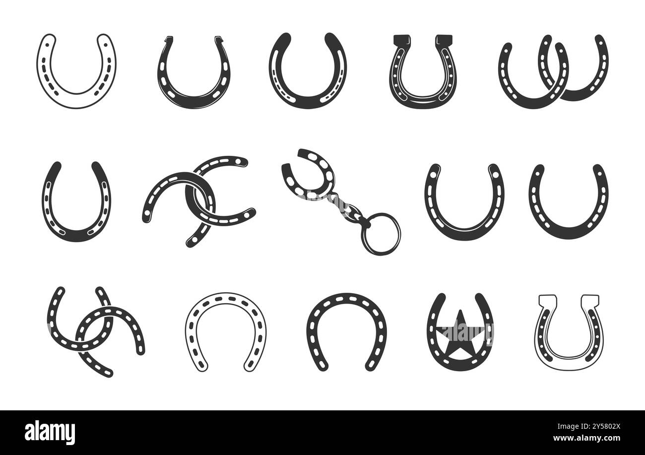 Silhouette a ferro di cavallo, icona a ferro di cavallo, clipart a ferro di cavallo, contorno a ferro di cavallo, set vettoriale a ferro di cavallo. Illustrazione Vettoriale