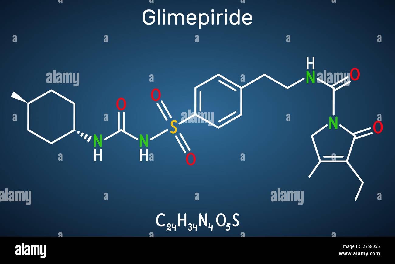 Molecola di glimepiride. È un farmaco sulfonilurea usato per trattare il diabete di tipo 2. Formula chimica strutturale, sfondo blu scuro. Illustrazione vettoriale Illustrazione Vettoriale