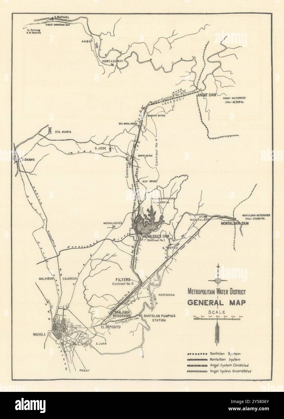 Mappa generale del Distretto idrico metropolitano di Manila. Filippine, 1935 anni Foto Stock