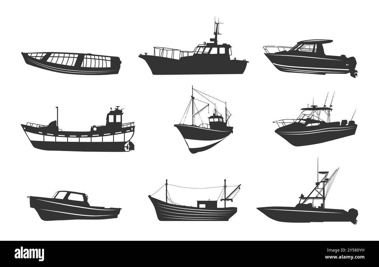 Silhouette di una barca da pesca, barca da pesca, sagoma di una barca da pesca, set vettoriale per barche da pesca. Illustrazione Vettoriale