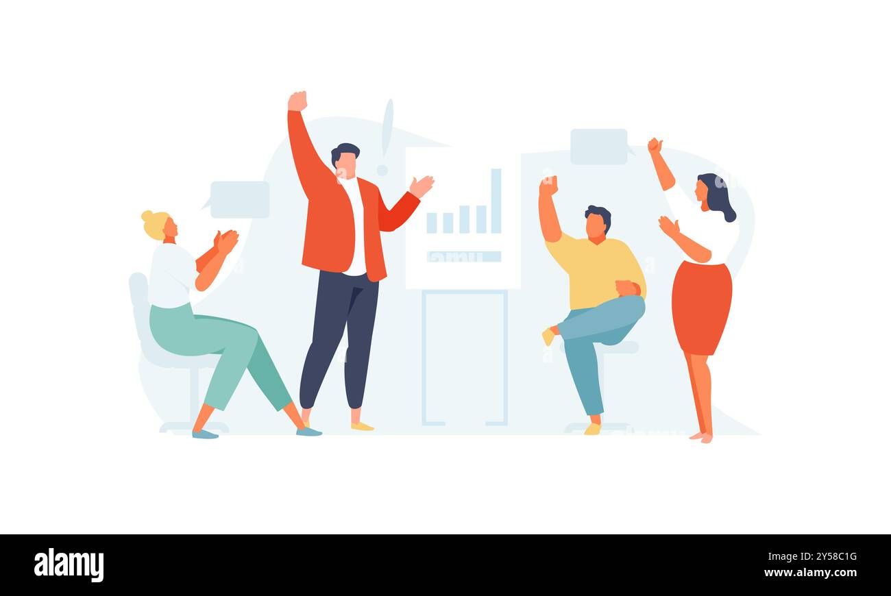 Formazione di psicologi aziendali. Motivazione e crescita delle vendite. Riunione degli azionisti. Illustrazione vettoriale per Web e social media Illustrazione Vettoriale