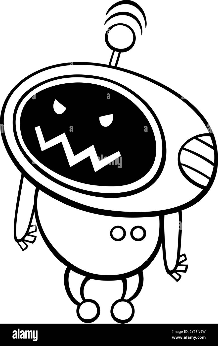 Illustrazione di un cartone animato di un robot arrabbiato o di una pagina di colorazione di personaggi fantasy droidi Illustrazione Vettoriale