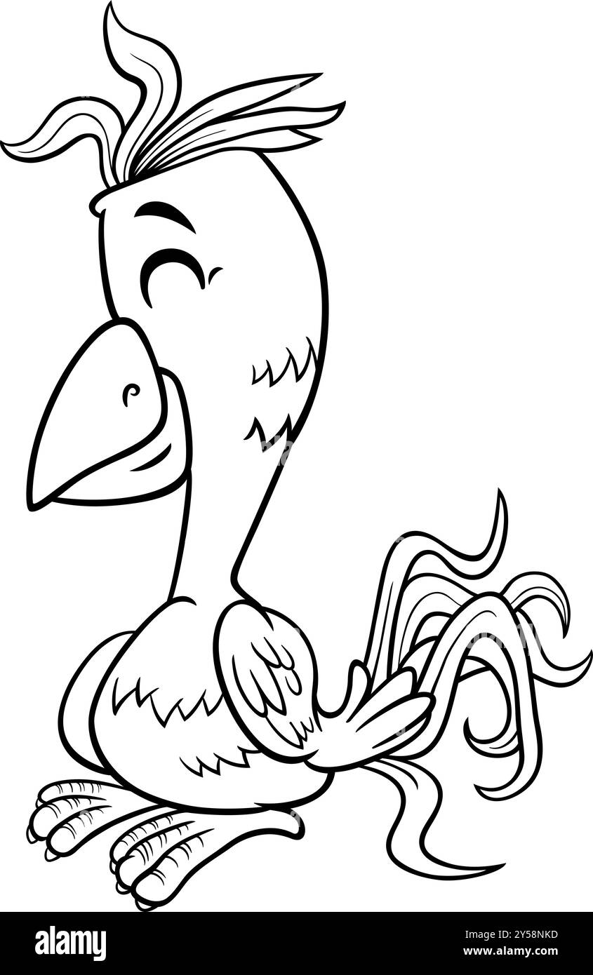 Illustrazione del cartone animato della pagina di colorazione dei personaggi degli uccelli tropicali del pappagallo felice Illustrazione Vettoriale