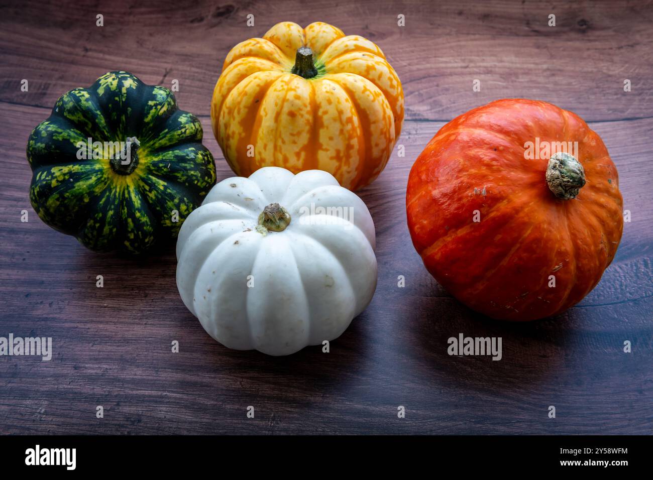 Natura morta delle zucche o squash invernale in vari colori con sfondo in legno. Foto Stock