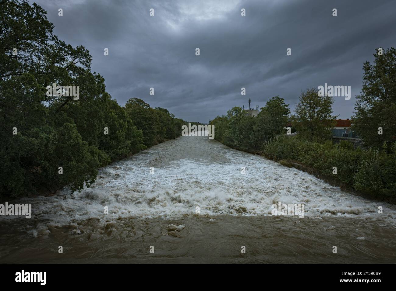 Un fiume potente con una forte corrente sotto un cielo nuvoloso, circondato da alberi verdi, Schwarza, Neunkirchen, bassa Austria, Austria, Europa Foto Stock