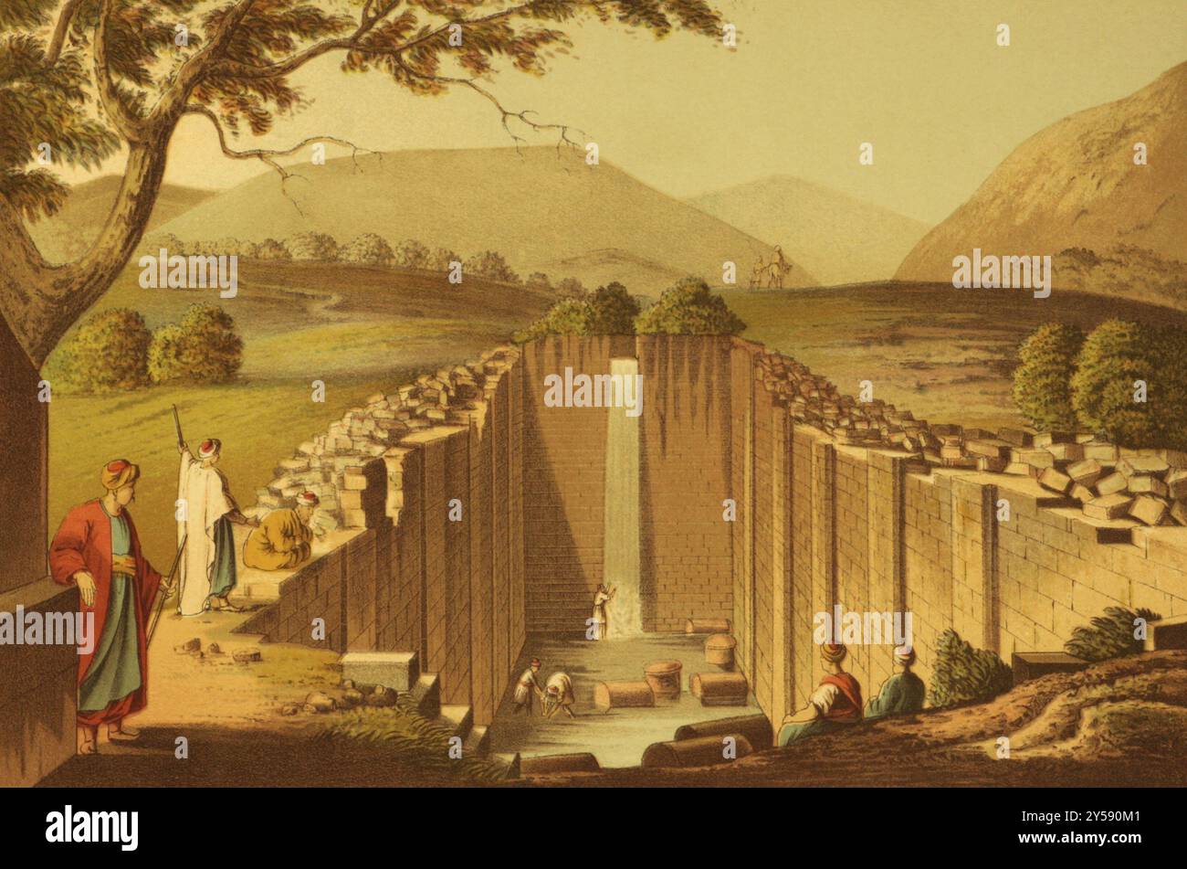 Fontana di Siloam su incisione del 1800 di Luigi Mayer. Un serbatoio di acqua dolce che era un importante luogo di ritrovo per gli antichi ebrei che facevano il religio Foto Stock