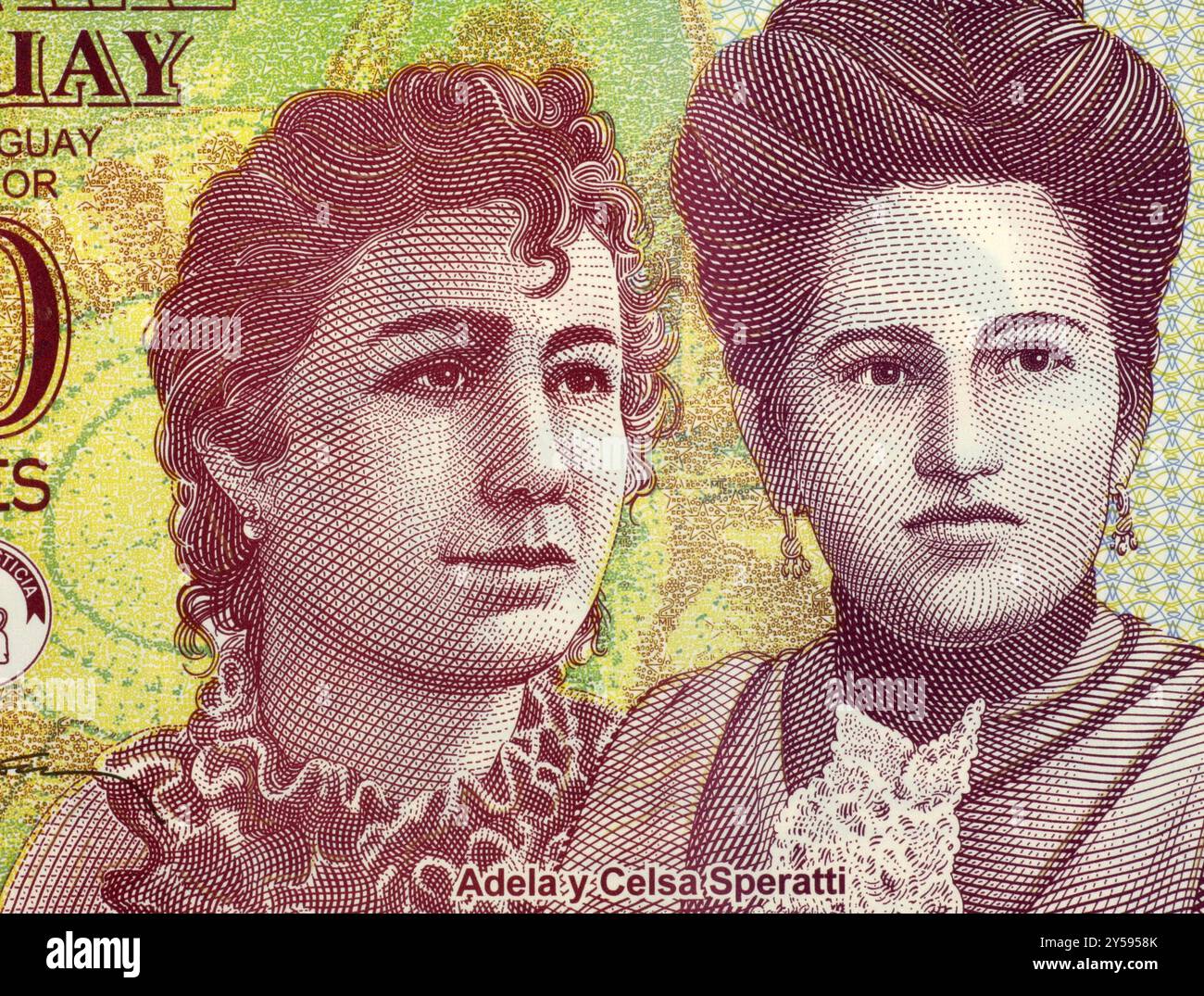 Adela e Celsa Speratti su 2000 Guaranies 2009 Banknote dal Paraguay. Sorelle paraguaiane ed educatori del XIX secolo Foto Stock