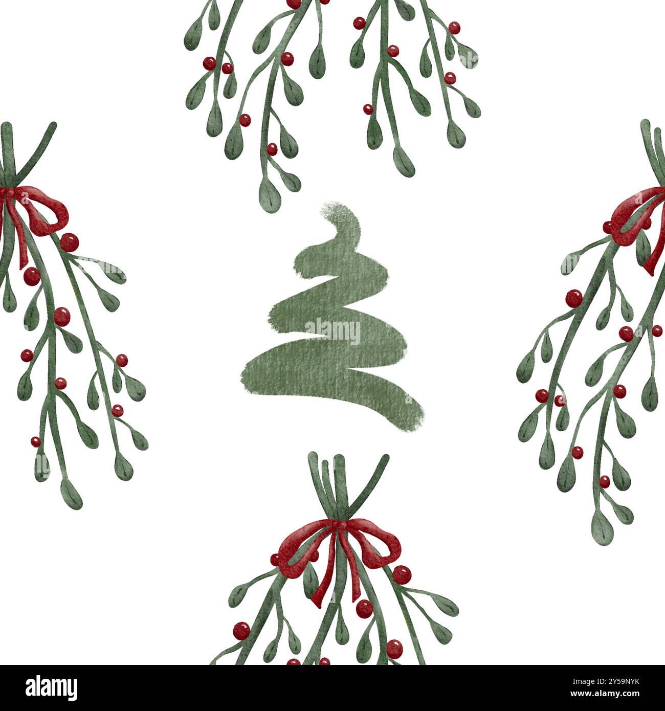 Nesti e frutti di bosco con decorazione floreale di Natale con un albero di Natale, pittura ad acquerello, disegno senza cuciture su backgroun bianco Foto Stock