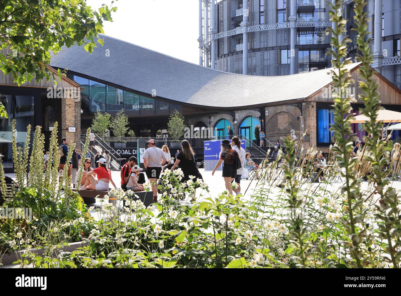 Fiori estivi su Lewis Cubitt Square presso Coal Drops Yard, Kings Cross, nord di Londra, Regno Unito Foto Stock