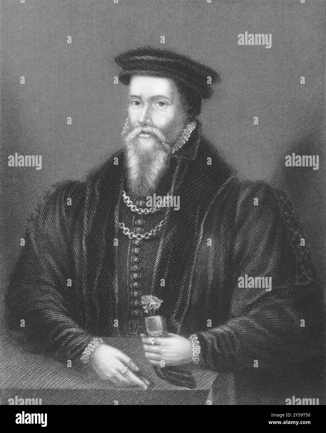 John Caius (1510-1573) sull'incisione degli anni '1800 Medico inglese e secondo fondatore del Gonville and Caius College, Cambridge. Inciso da EGL Foto Stock