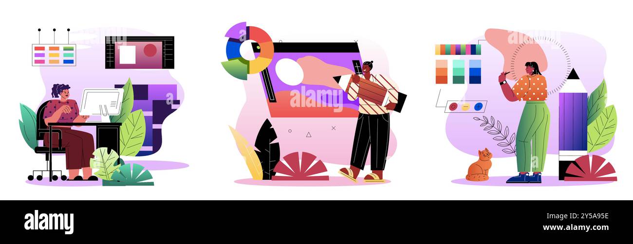 Set di grafici. Uomini e donne lavorano alla progettazione di siti Web, applicazioni mobili o programmi. I freelance lavorano presso UI e UX design. Vettore piatto Illustrazione Vettoriale