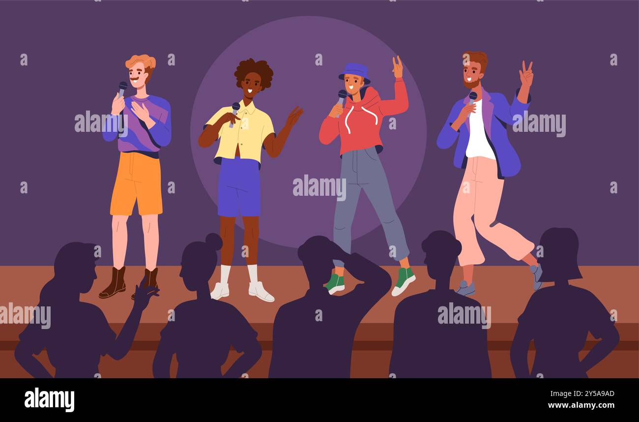 Esibizione di una band musicale. Uomini con microfono che cantano sul palco. Creatività e arte. Musicisti pop che si esibiscono a concerti o spettacoli. Intrattenimento e divertimento Illustrazione Vettoriale