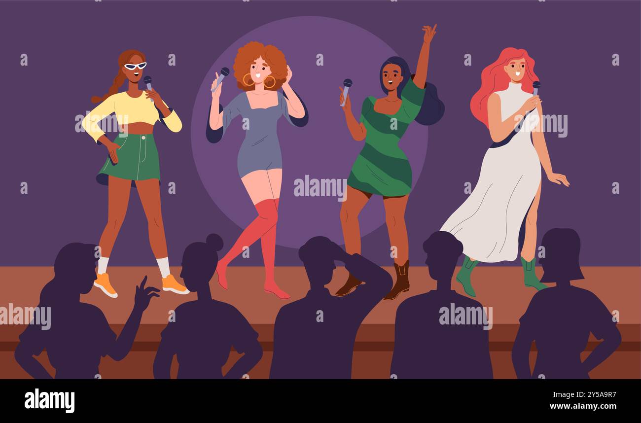 Esibizione di una band musicale. Donne con microfono che cantano sul palco. Cantanti di talento. Musicisti pop che si esibiscono a concerti o spettacoli. Intrattenimento e divertimento Illustrazione Vettoriale