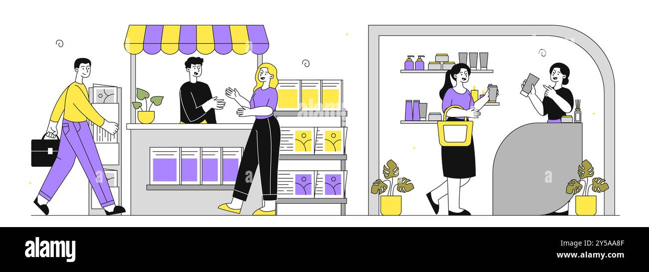 Persone alla fiera. Uomini e donne comprano beni al bazar o al mercato. Presentazione di idee per l'avviamento. Clienti e visitatori. Vettore lineare Illustrazione Vettoriale