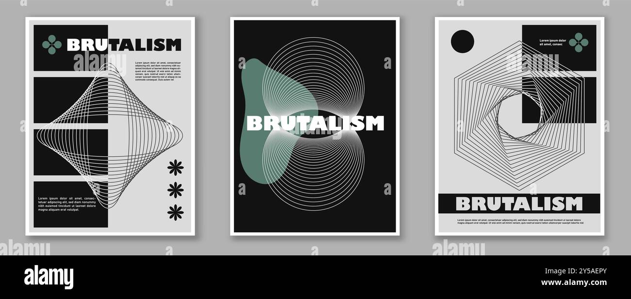 Set di poster per il brutalismo del design. Creatività e arte grintosa e minimalista. Deformazione e deumidificazione delle linee curve. Motivi monocromatici. Lineare Illustrazione Vettoriale