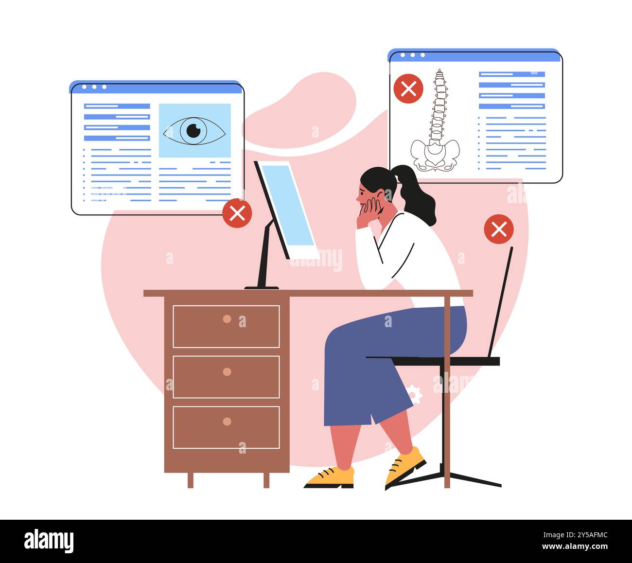 Concetto di correzione della postura. Donna seduta al monitor del computer. Biologia e anatomia. Sanità e medicina. Poster o banner. Vettore piatto Illustrazione Vettoriale