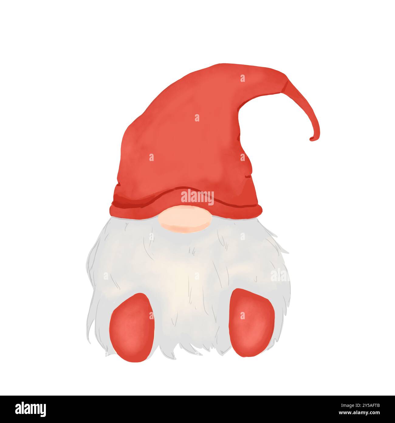 GNOME in berretto da notte rosso e stivali rossi con barba grigia e naso grande in pennarelli digitali ad acquerello matita per l'uso di striscioni con cartoline Foto Stock