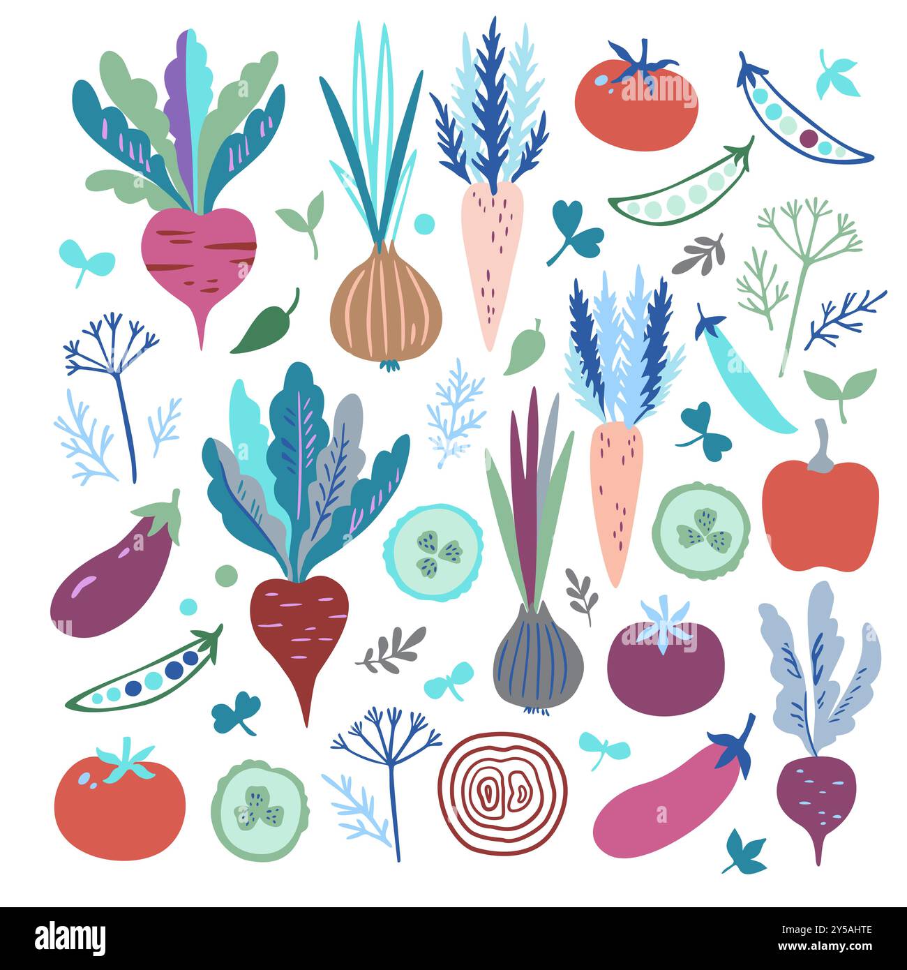 Grande set di colorate verdure a doodle isolate su sfondo bianco. Graziosa illustrazione vettoriale moderna e alla moda. Illustrazione Vettoriale