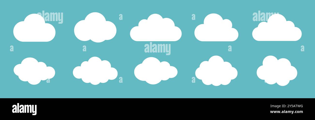 Illustrazione vettoriale delle nuvole impostate su sfondo blu. Collezione di nuvole. Set nuvoloso bianco isolato su sfondo blu. Nuvole bianche di diverse S. Illustrazione Vettoriale