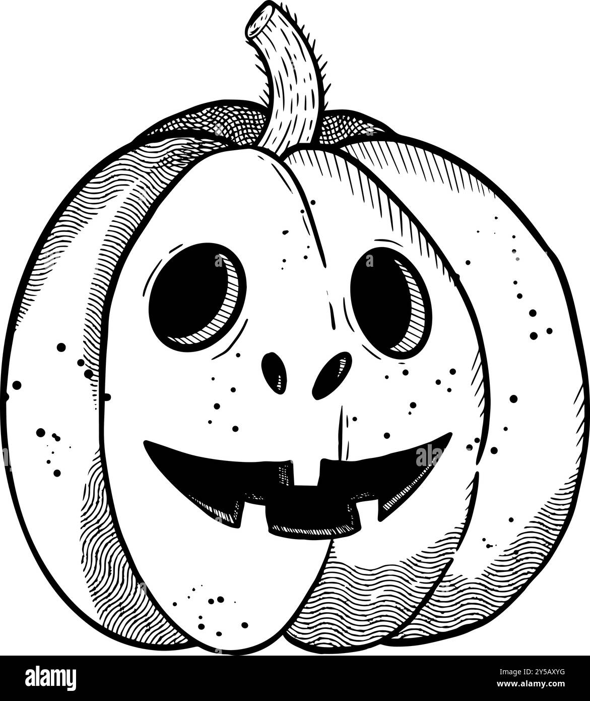 Un'illustrazione giocosa di una spaventosa zucca con una faccia teschio unica, ideale per la stagione di Halloween. Grafica vettoriale disegnata a mano per la progettazione di siti web, articoli, opuscoli, volantini, e-pack, etichetta o pubblicità. Illustrazione Vettoriale