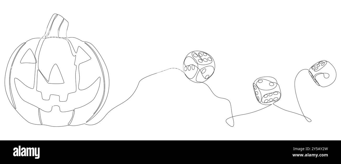 Una linea continua di zucca Halloween Jack o' Lantern con i dadi. Concetto del vettore dell'illustrazione a linee sottili. Idee creative per il disegno dei contorni. Illustrazione Vettoriale