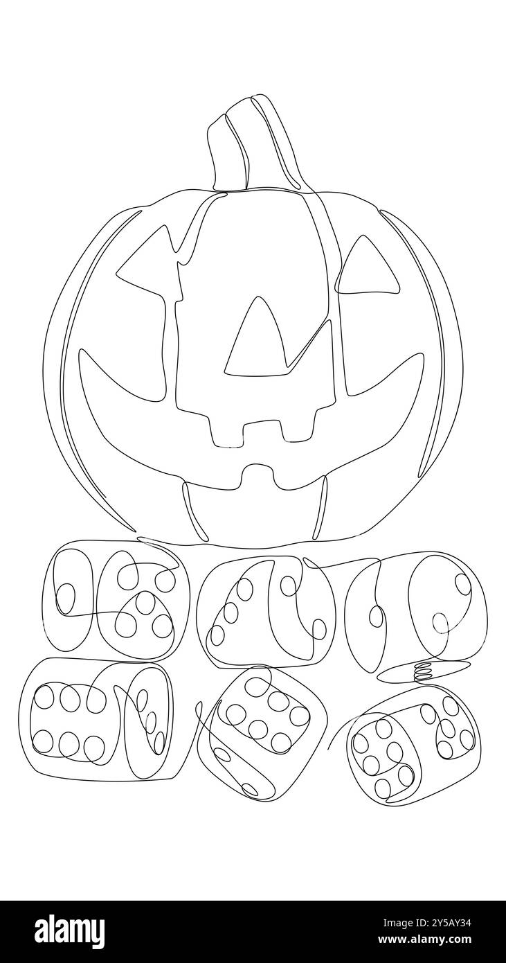 Una linea continua di zucca Halloween Jack o' Lantern con i dadi. Concetto del vettore dell'illustrazione a linee sottili. Idee creative per il disegno dei contorni. Illustrazione Vettoriale