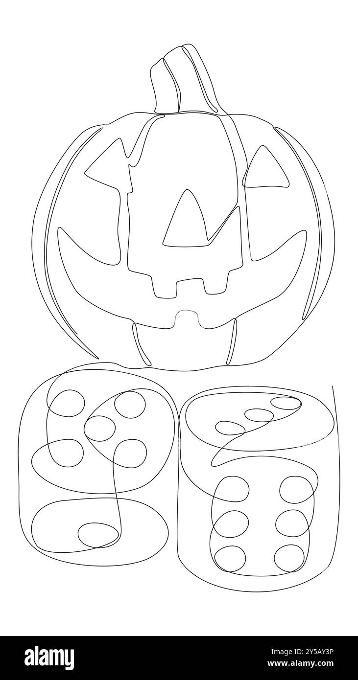 Una linea continua di zucca Halloween Jack o' Lantern con i dadi. Concetto del vettore dell'illustrazione a linee sottili. Idee creative per il disegno dei contorni. Illustrazione Vettoriale