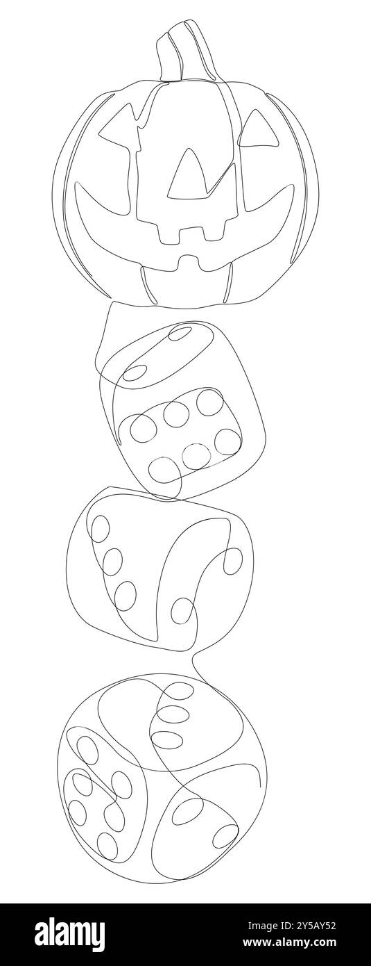 Una linea continua di zucca Halloween Jack o' Lantern con i dadi. Concetto del vettore dell'illustrazione a linee sottili. Idee creative per il disegno dei contorni. Illustrazione Vettoriale