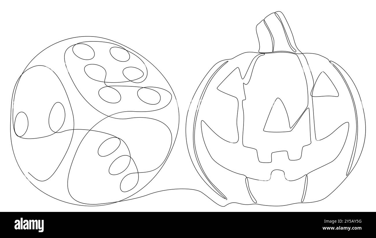 Una linea continua di zucca Halloween Jack o' Lantern con i dadi. Concetto del vettore dell'illustrazione a linee sottili. Idee creative per il disegno dei contorni. Illustrazione Vettoriale