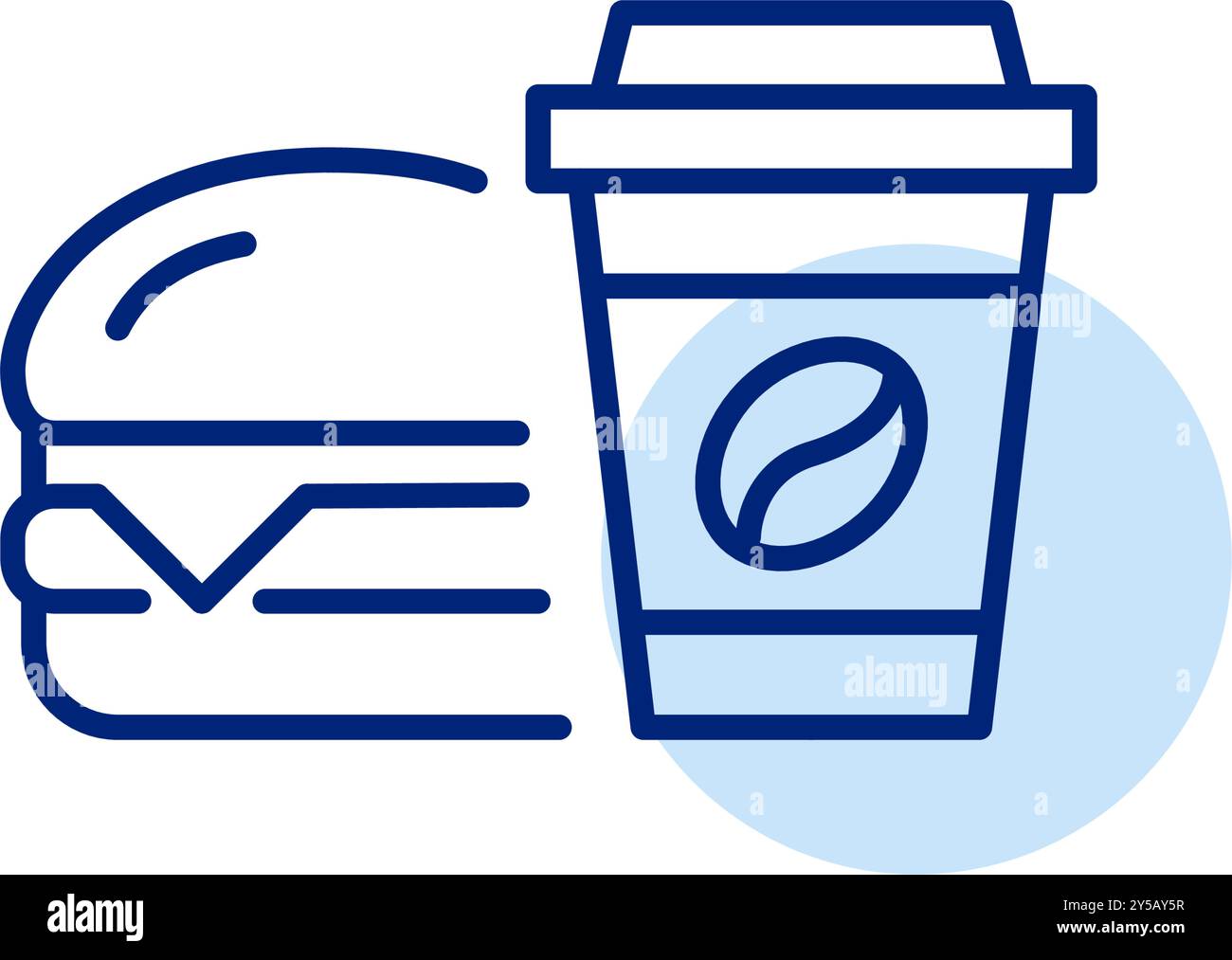 Cheeseburger e caffè nella tazza da asporto. Consegna rapida di fast food. Mordi in movimento. Pixel Perfect, icona del vettore di traccia modificabile Illustrazione Vettoriale