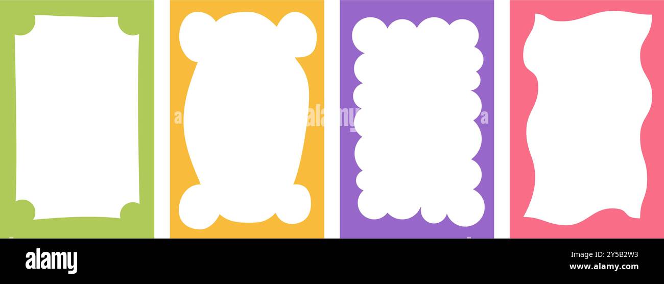Cornice con bordo ondulato. Forma divertente rettangolare smerlata. Scatola vettoriale per bambini disegnata a mano per immagini e foto. Modello di colore astratto per scarabocchiare a cartoni animati Illustrazione Vettoriale