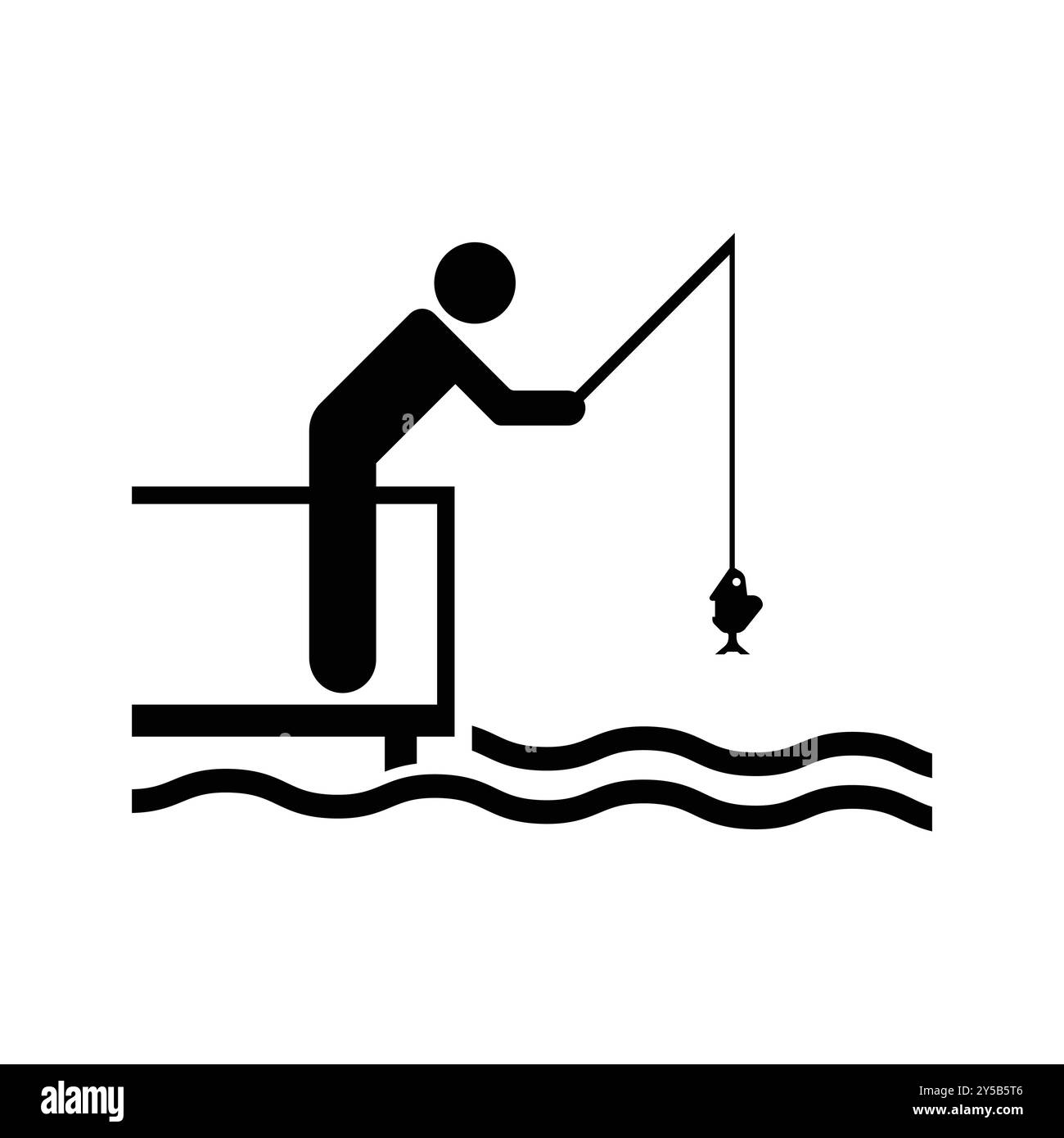 Semplice icona in bianco e nero di un pescatore su un molo che cattura un pesce. Perfetto per illustrare le attività di pesca, il tempo libero all'aperto e l'avvento acquatico Illustrazione Vettoriale