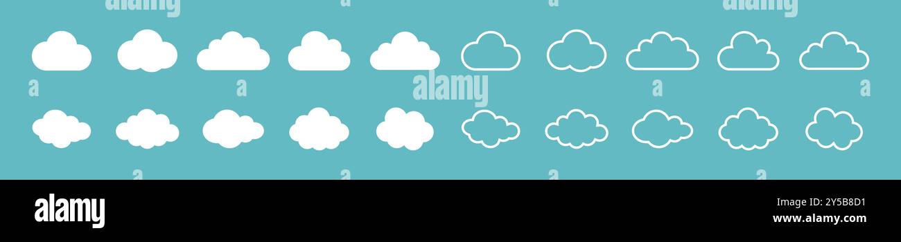 Illustrazione vettoriale del set di nuvole. Collezione Clouds con stile piatto e outline. Set nuvoloso bianco isolato su sfondo blu. Icone delle nuvole bianche. Illustrazione Vettoriale