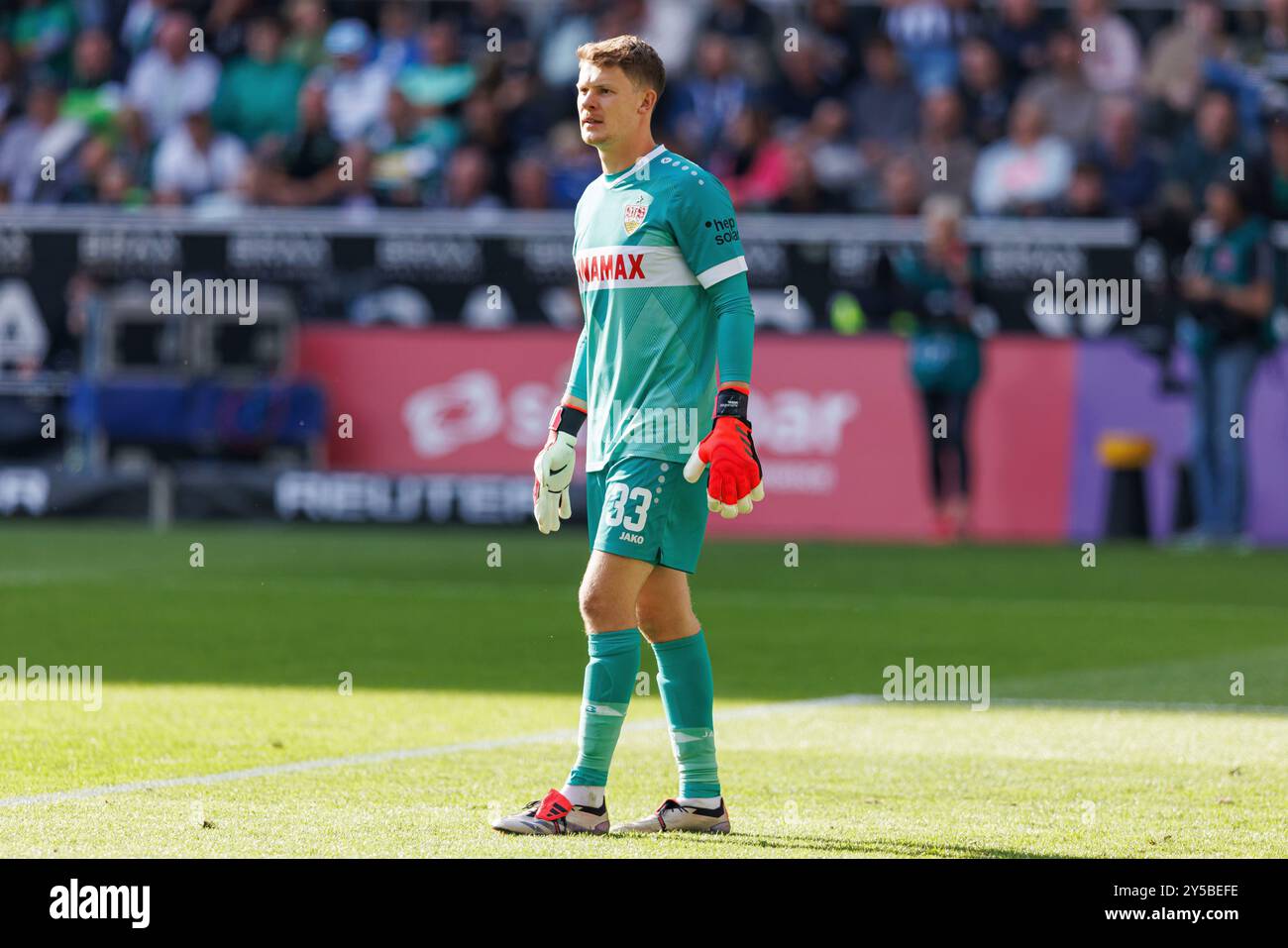Firo : 14.09.2024, calcio, 1. Campionato, 1. Bundesliga, Borussia Monchengladbach - VfB Stuttgart Alexander Nubel (VfB Stuttgart) figura intera, Foto Stock