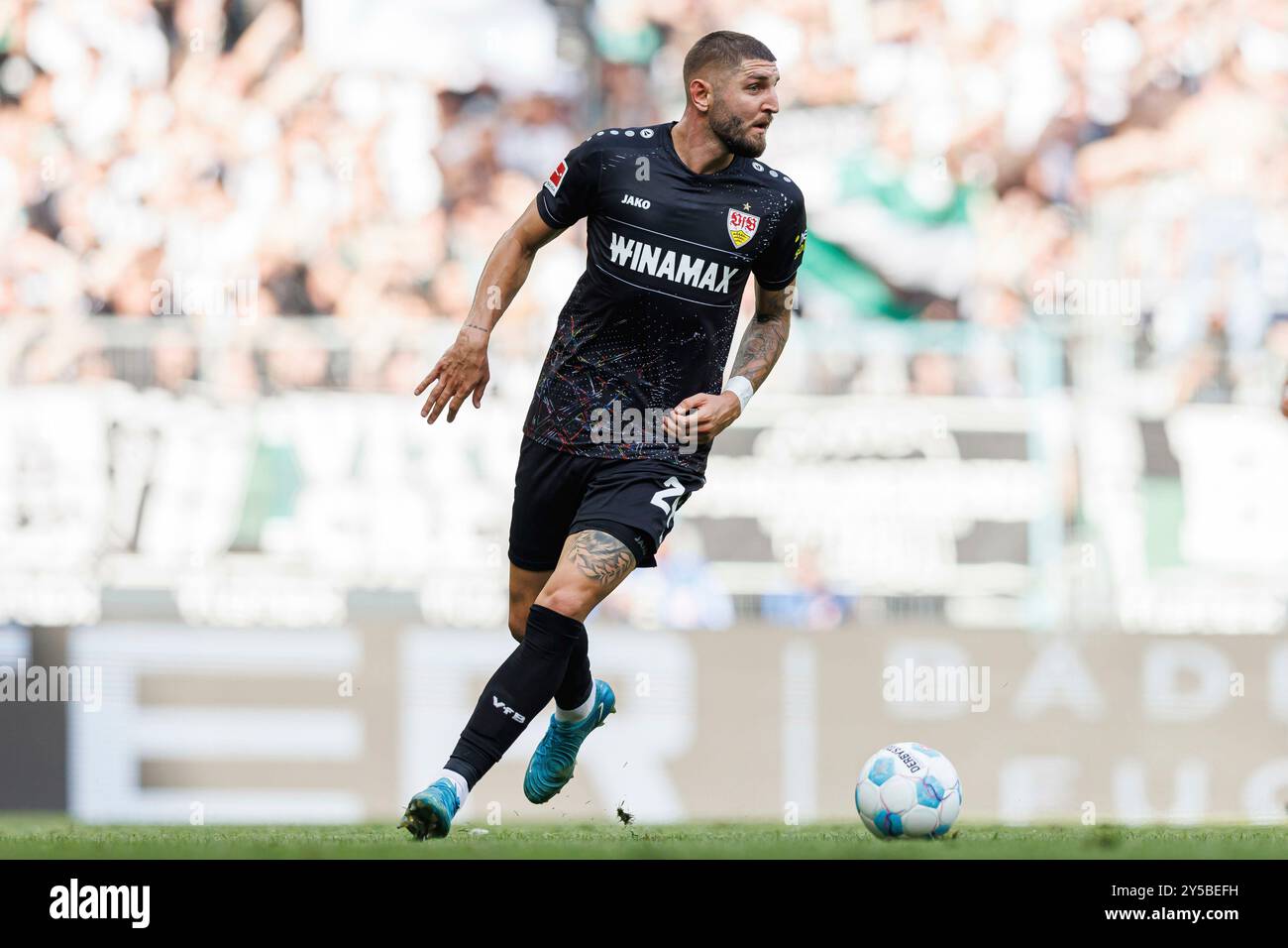 Firo : 14.09.2024, calcio, 1. Campionato, 1. Bundesliga, Borussia Monchengladbach - VfB Stuttgart Jeff Chabot (VfB Stuttgart) azione individuale, figura intera, Foto Stock